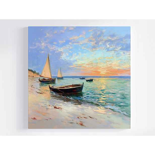 Obraz Na Plátně Canvas Krajina Moře Pláž Lodě Plachetnice Západ 50x50