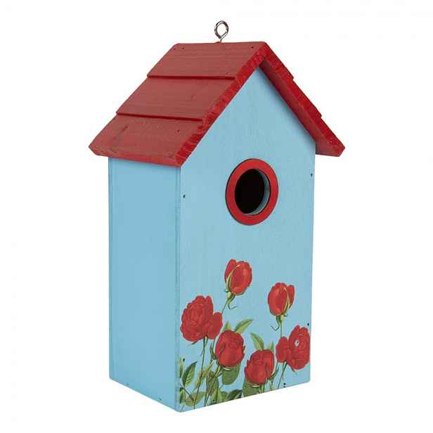 Červeno-modrá dřevěná ptačí budka s růžemi Birdhouse - 15*10*22 cm Clayre & Eef