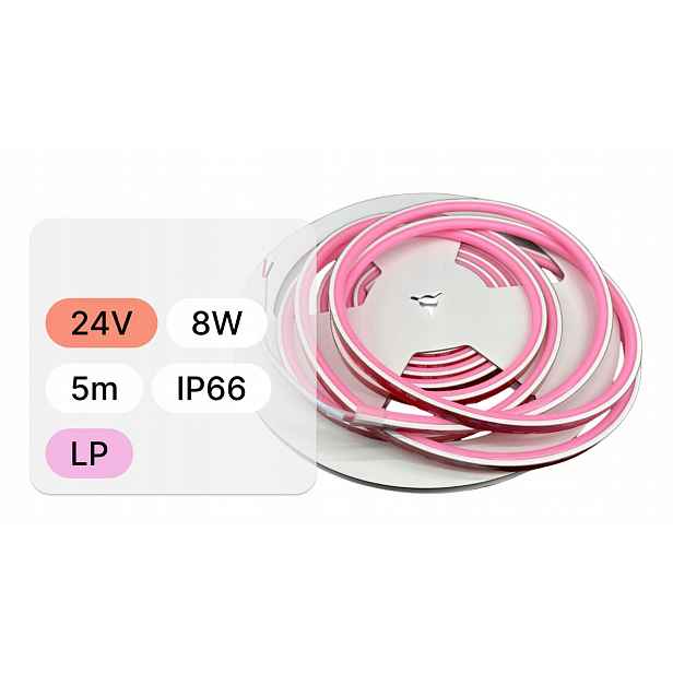 Led pásek Cob 24V 8W/m IP66 Light Pink 5 m – růžová linie světla