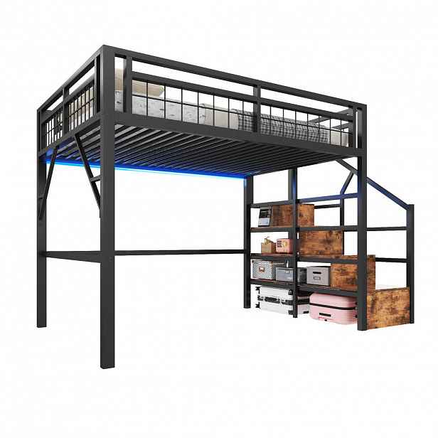 STILVORA HOCHBETT 140/200 cm in Schwarz mit Stauraumtreppe und LED