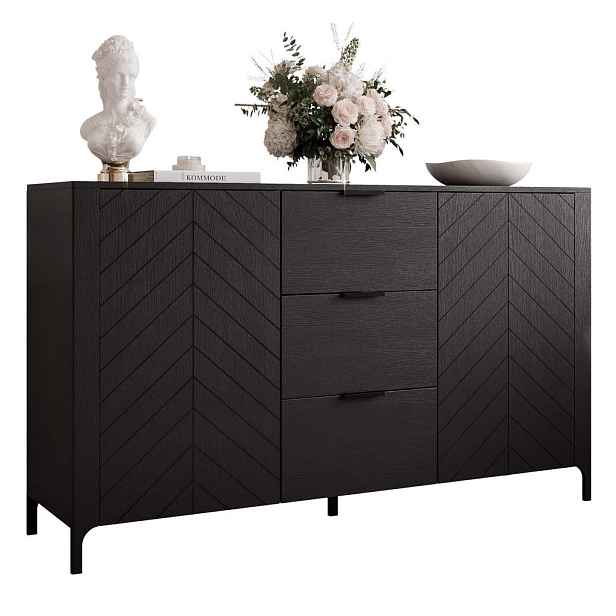 Idohome ŠIROKÁ KOMODA LORIEN 153 cm, 3 zásuvky, černá