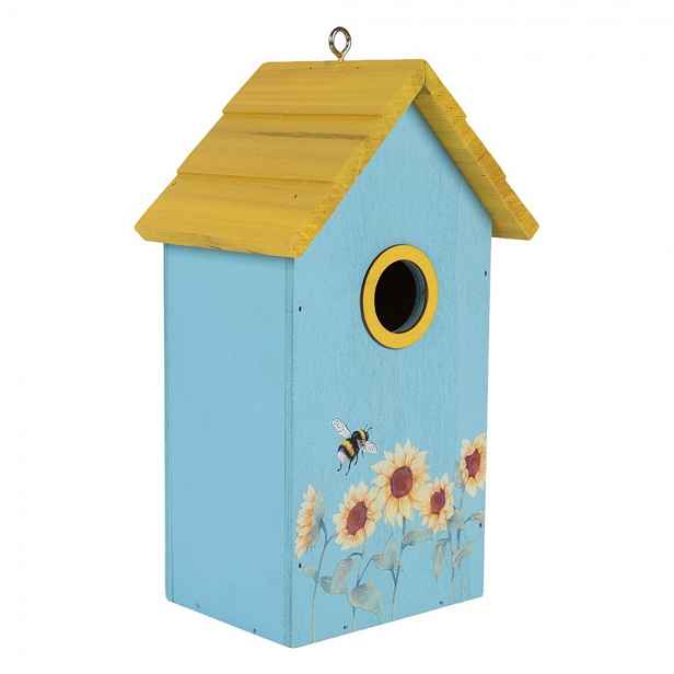 Modro-žlutá dřevěná ptačí budka se slunečnicemi Birdhouse - 15*10*22 cm Clayre & Eef