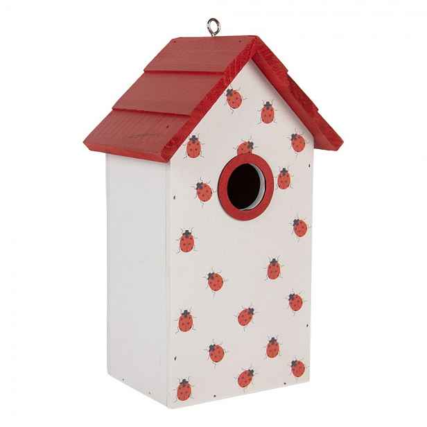 Bílo-červená dřevěná ptačí budka s beruškami Birdhouse - 15*10*22 cm Clayre & Eef