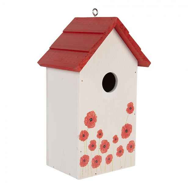 Bílo-červená dřevěná ptačí budka s vlčími máky Birdhouse - 15*10*22 cm Clayre & Eef