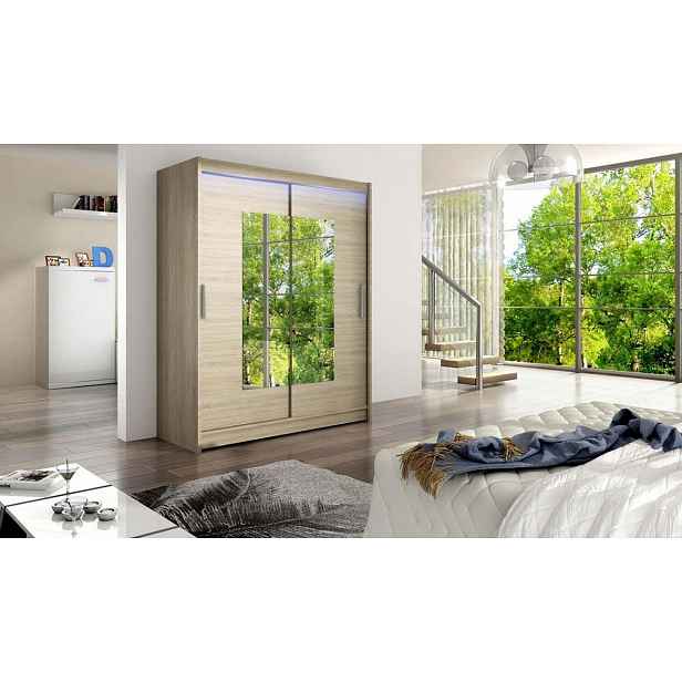 Šatní skříň 150 cm se zrcadlem a LED osvětlením ELADIO 3 - dub sonoma