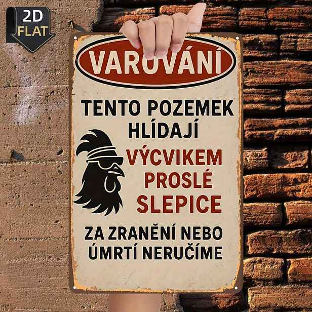 TEMU 2D Plochá, 2D Plochá 1 ks, VAROVÁNÍ: Tento pozemek je střežen vycvičenými slepicemi. Nebudou přijata žádná zranění ani úmrtí, kovová plechová
