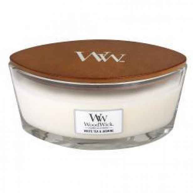 White Tea & Jasmine Woodwick Hearthwick vonná svíčka dřevěný knot