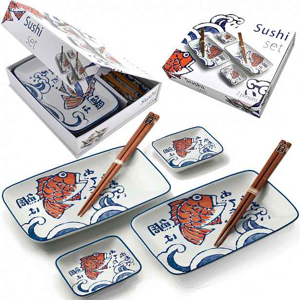 Sada keramiky na sushi Světlý komplet Motiv Sakana Keramika pro 2 osoby