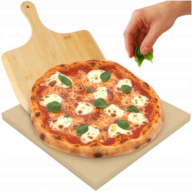 Kámen na pizzu Ruhhy 38x36 cm s bambusovou lopatkou 2v1 XXL prkénko Kordierit