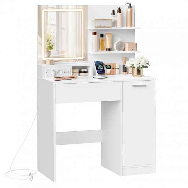 Kosmetický stolek s LED zrcadlem, USB, bílý, 80x40x132,5 cm