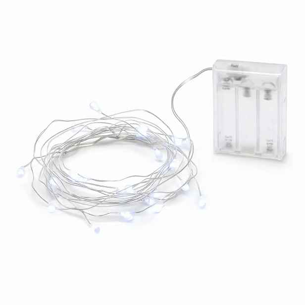 LED světýlka na baterky, kapičky, 2 m, ledově bílá, 20 diod, drátek, IP20 interiér, 3 × AA