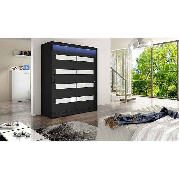 Šatní skříň 150 cm s lakovaným sklem a LED osvětlením ELADIO 4 - černá / bílá