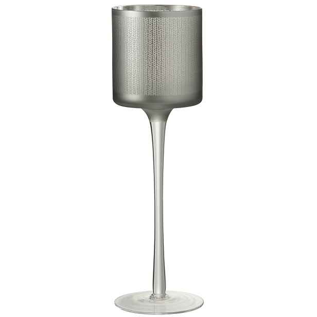 Šedivo skleněný svícen na noze s pleteným vzorem L - 9*9*30 cm J-Line by Jolipa
