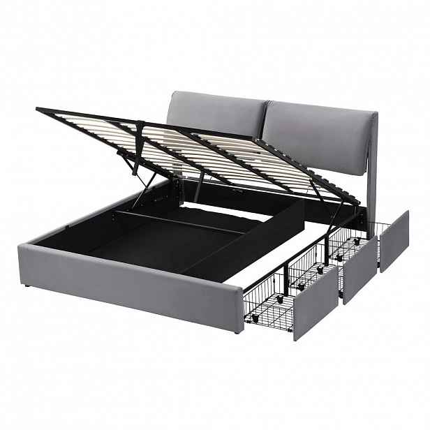 FLIEKS ČALOUNĚNÁ POSTEL 160x200 Šedá Hydraulika 3 Zásuvky