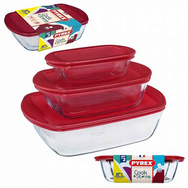 Sada 3x Žáruvzdorná nádoba Cook&Store Pyrex 0,4+ 1,2+ 2,5 L červená
