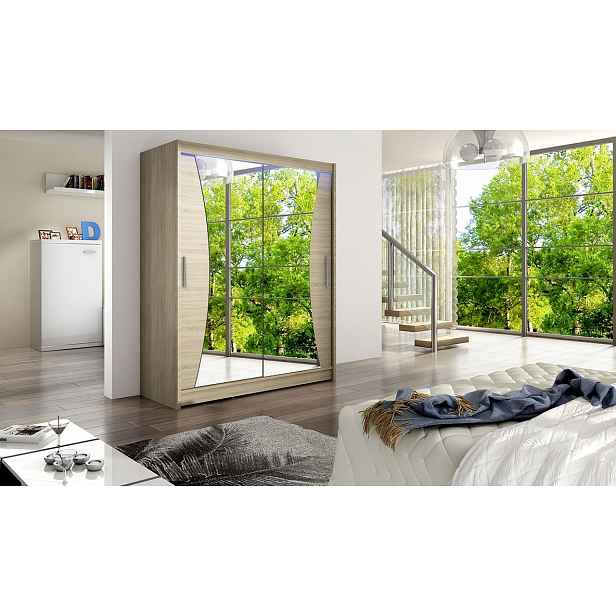Šatní skříň 150 cm se zrcadlem a LED osvětlením ELADIO 9 - dub sonoma