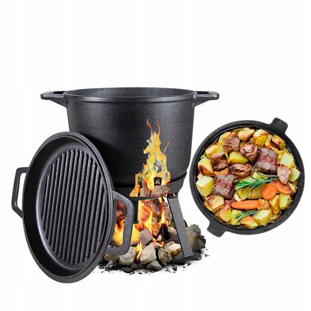 Litinový kotlík s pánví, lovecký maďarský hrnec 10 l na Oheň Gril