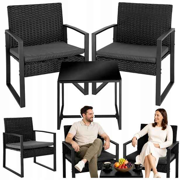 Sada zahradního nábytku Rattan Dvě židle Stolek na Terasa Balkon Černá Lean