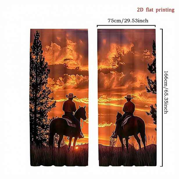 TEMU 2D ploché - 2D ploché - 2 ks [2D ploché tisk] Retro 70S Western Cowboy Západ Slunce Abstraktní Rustikální Les Živočich Koně Okenní Závěsy -