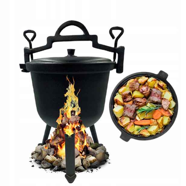Litinový kotlík 8L Maďarský lovecký hrnec na oheň, gril, pečení