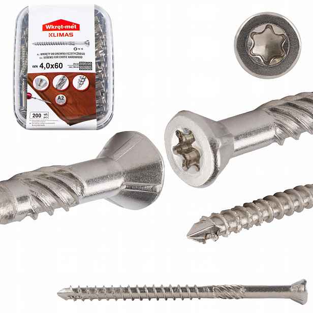 Nerezové vruty do dřeva 4x60 mm 200 ks terasové Torx A2 Klimas Wn
