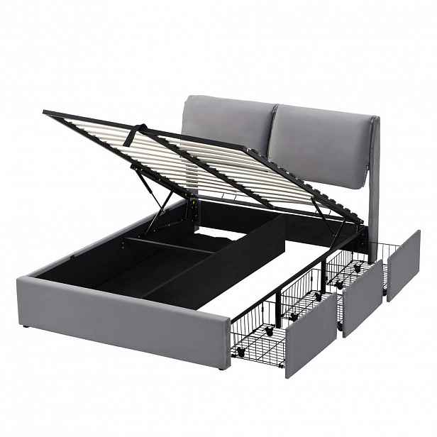 FLIEKS ČALOUNĚNÁ POSTEL 140x200 Šedá Hydraulika 3 Zásuvky