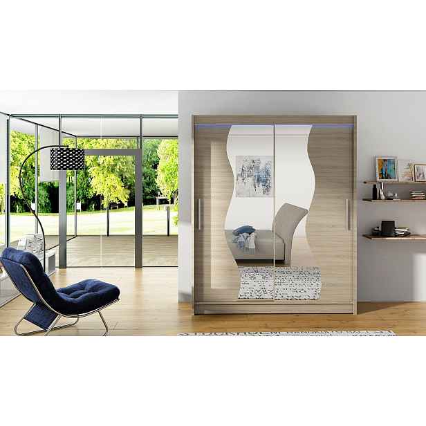 Šatní skříň 150 cm se zrcadlem a LED osvětlením ELADIO S - dub sonoma