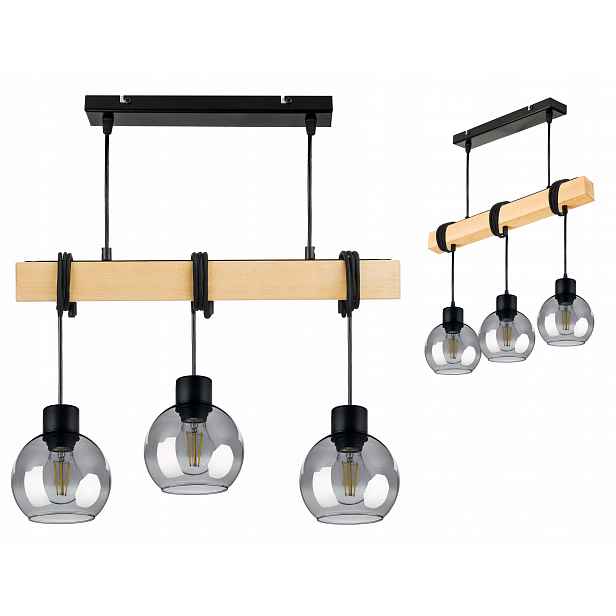 Dřevěná závěsná stropní lampa Lustr Zwis Loft, skleněná, 3x E27