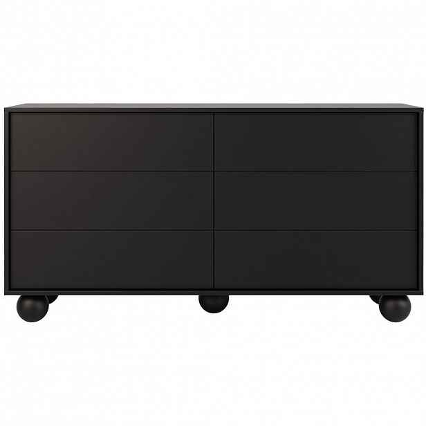 Beautysofa KOMODA Adel se 6 zásuvkami a kulatými nožkami, 154 cm, bezúchytková, černá