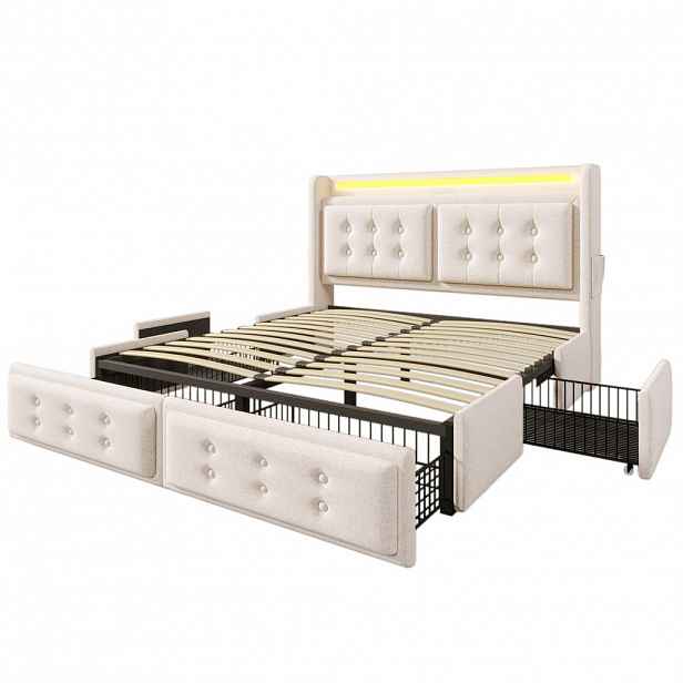 FLIEKS ČALOUNĚNÁ POSTEL 140x200 Béžová LED USB-C 4 Zásuvky