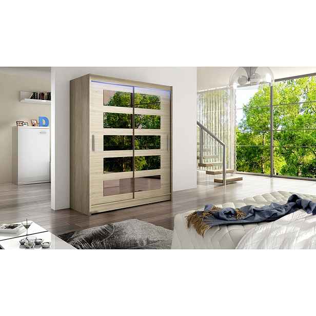 Šatní skříň 150 cm se zrcadlem a LED osvětlením ELADIO 5 - dub sonoma