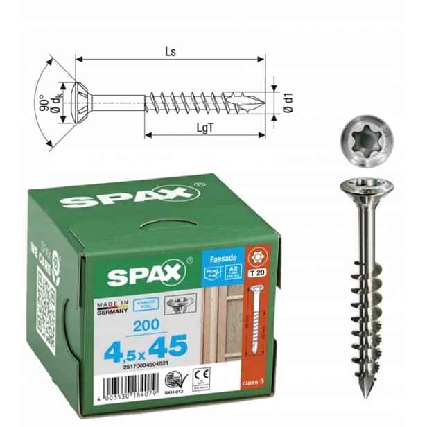 Šroub do fasádní desky spax 4,5 x 45 Li A2 Tx cut 200 ks