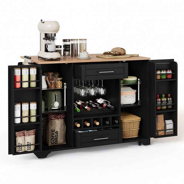 Redom KUCHYŇSKÝ ostrůvek 138/45(70)/92 cm s výklopnou pracovní deskou, úložným prostorem, vinotékou a kolečky, Černá a přírodní