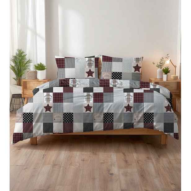 Krepové povlečení 160x200 béžovo-hnědý patchwork s hvězdami a kostkou