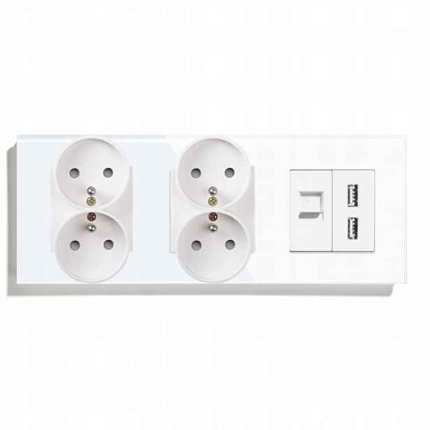 2x Dvojitá Skleněná Elektrická Zásuvka Internet S Nabíječkou 2xUSB A Qc