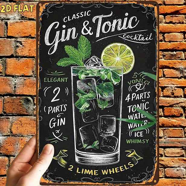 TEMU 2D plochá, 2D plochá, 1 ks, Retro klasická cedule Gin Tonic z kovového železa, s předvrtanými otvory, vhodná pro interiér, zahradu, exteriér,