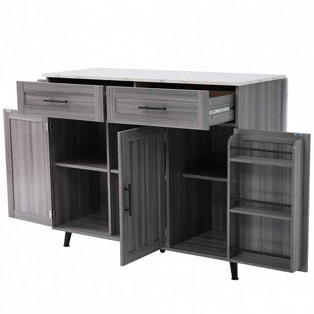 Redom KUCHYŇSKÝ ostrůvek 129/71/91,5 cm s výsuvnou deskou, úložným prostorem na kolečkách a přestavitelnými nohami, Šedá/Bílá