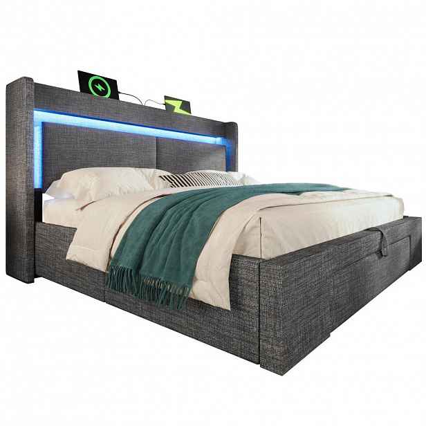 Modfu ČALOUNĚNÁ postel ze lnu 160x200 cm šedá s LED osvětlením, USB/USB-C a hydraulickým úložným prostorem