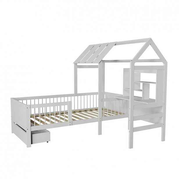 Bílá dětská postel domeček s úložným prostorem a stolem