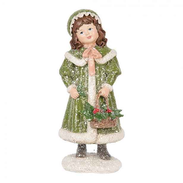 Dekorace dívka v zeleném plášti držící košíček a zdobená třpytkami - 8*9*18 cm Clayre & Eef