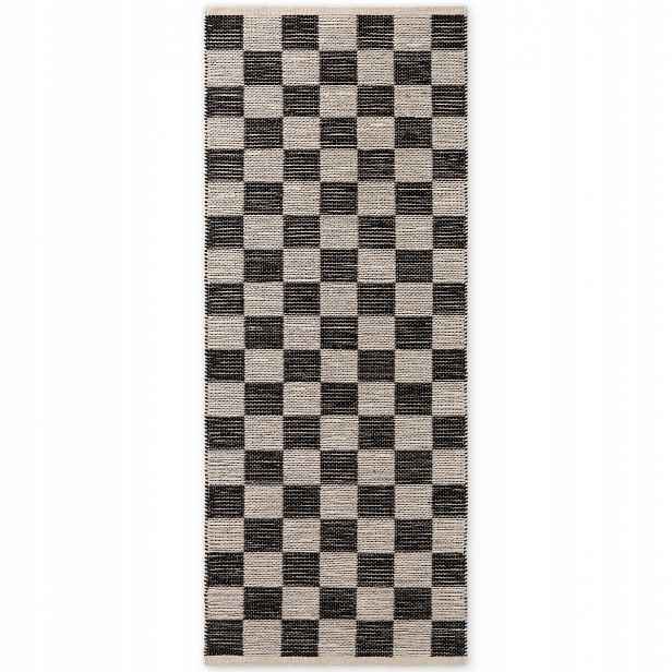 Koberec Běhoun jutový 80x300 cm, přírodní, černo krémový s kostkovaným vzorem, oboustranný