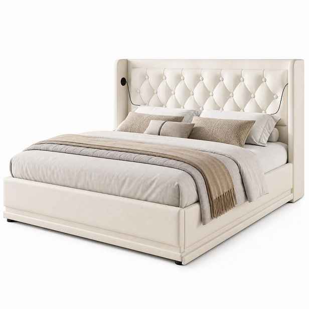 STILVORA ČALOUNĚNÁ POSTEL 160/200 cm bílá, úložný prostor, LED, USB/Type-C, ekokůže, wingback