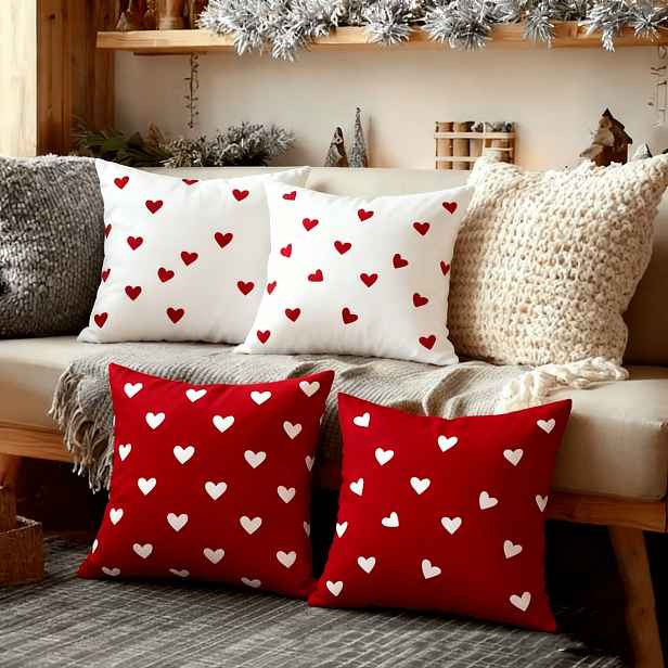 TEMU 4-balení povlaků na polštáře na Valentýna s červeno-bílým vzorem srdcí | Moderní styl, polyester, zapínání na zip, měkké a pohodlné, vhodné do
