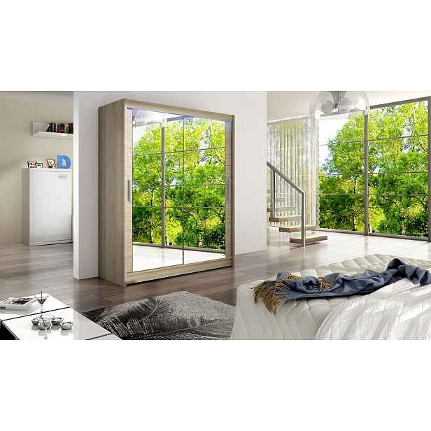 Šatní skříň 150 cm se zrcadlem a LED osvětlením ELADIO 11 - dub sonoma