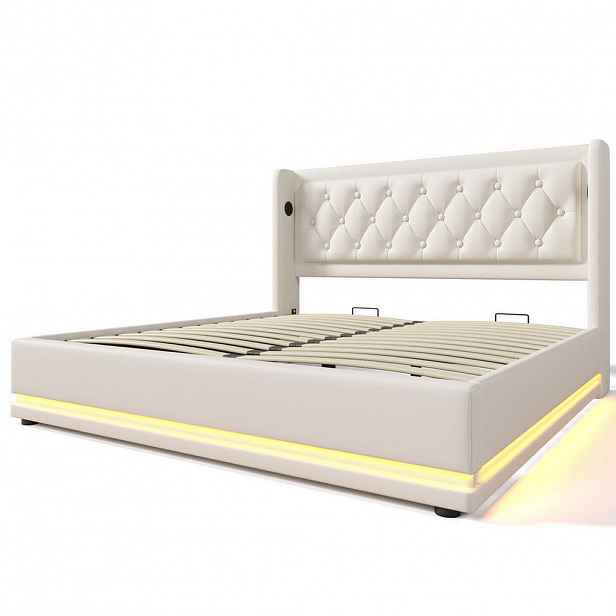 Modfu ČALOUNĚNÁ postel z PU 160x200 cm bílá s LED osvětlením, USB-C porty a hydraulickým úložným prostorem