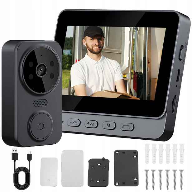 Bezdrátový Dveřní Zvonek S Videokamerou, Monitor 4,3'' Ips Černý