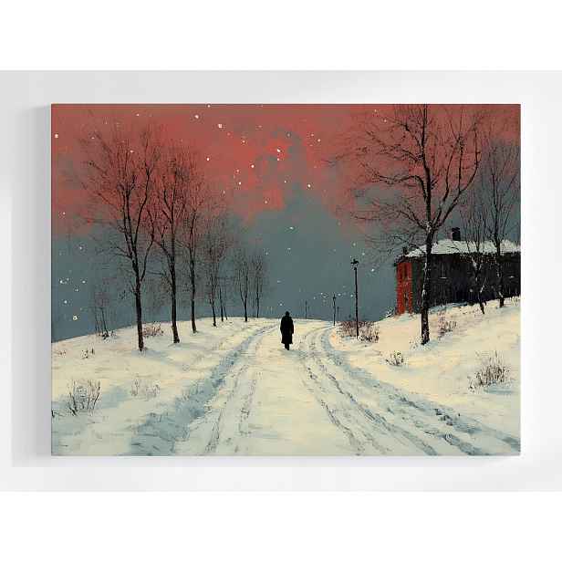 Plakát Zima Sníh Stromy Cesta Domov Člověk Krajina 100x75