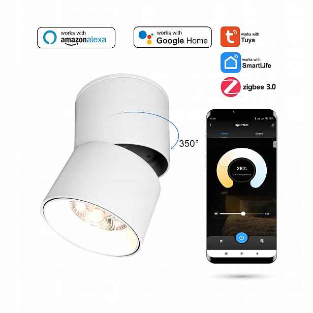 Stropní spot Zigbee Tuya 9W nástěnný, nastavitelný, stmívatelný, bílý