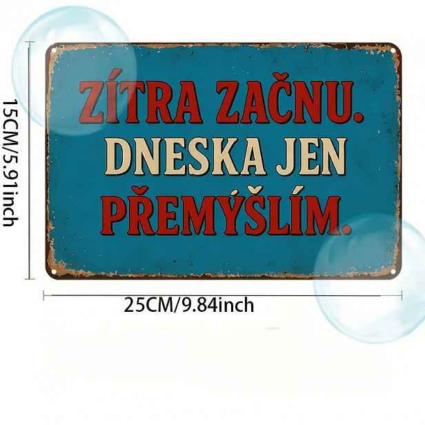 TEMU 2D plochý tisk, 1 ks vintage dřevěná nástěnná dekorace s České republiky a českým sloganem "Zítra začnu...Dneska jen Premim" (Zítra se