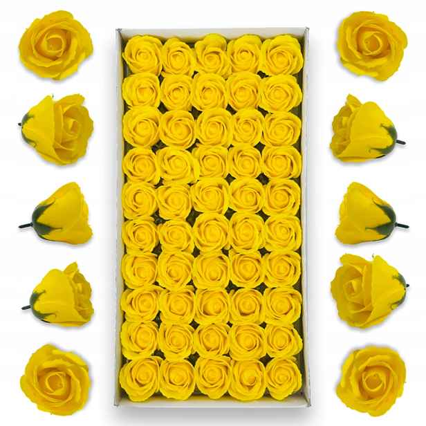 Žluté mýdlové růže 50 ks Mýdlové květy do flowerboxů Květiny z mýdla